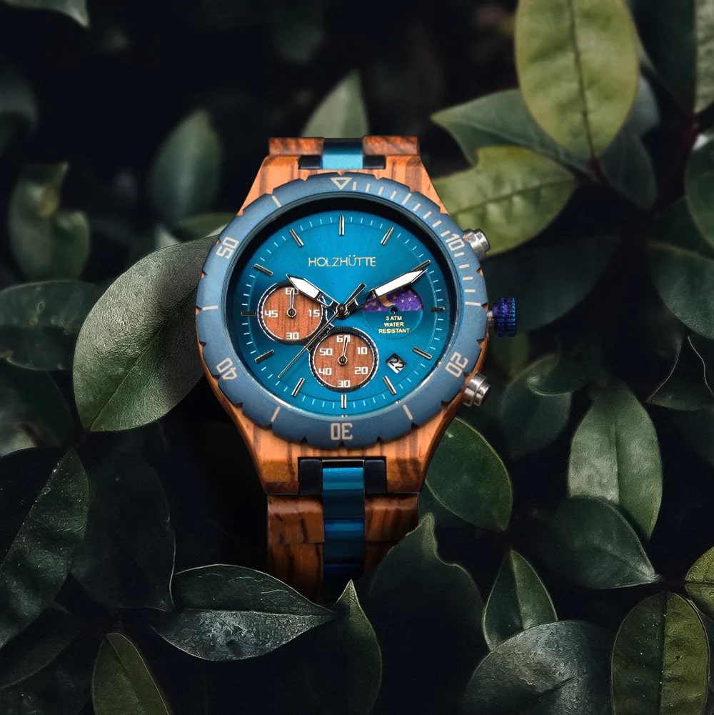 Mailand Holzuhr – Blaue Chronographenuhr mit Holzarmband